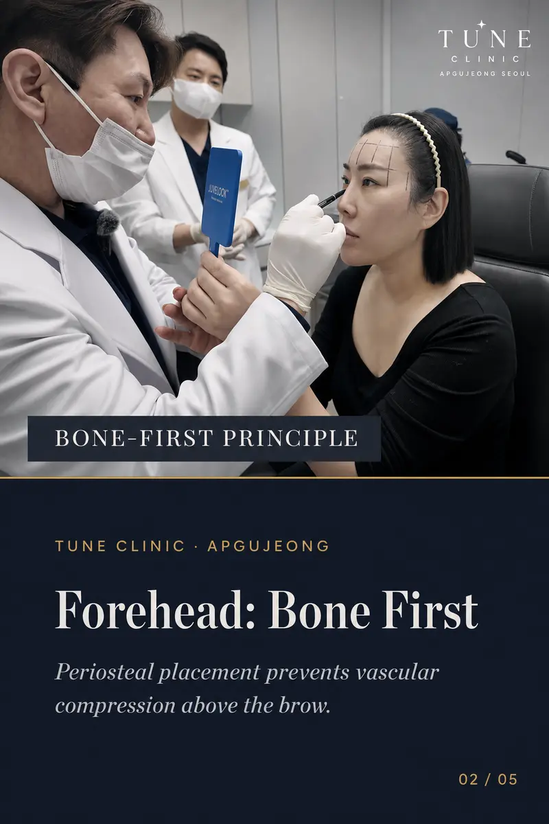 Forehead: Bone First — Periosteal placement prevents vascular compression above the brow.
