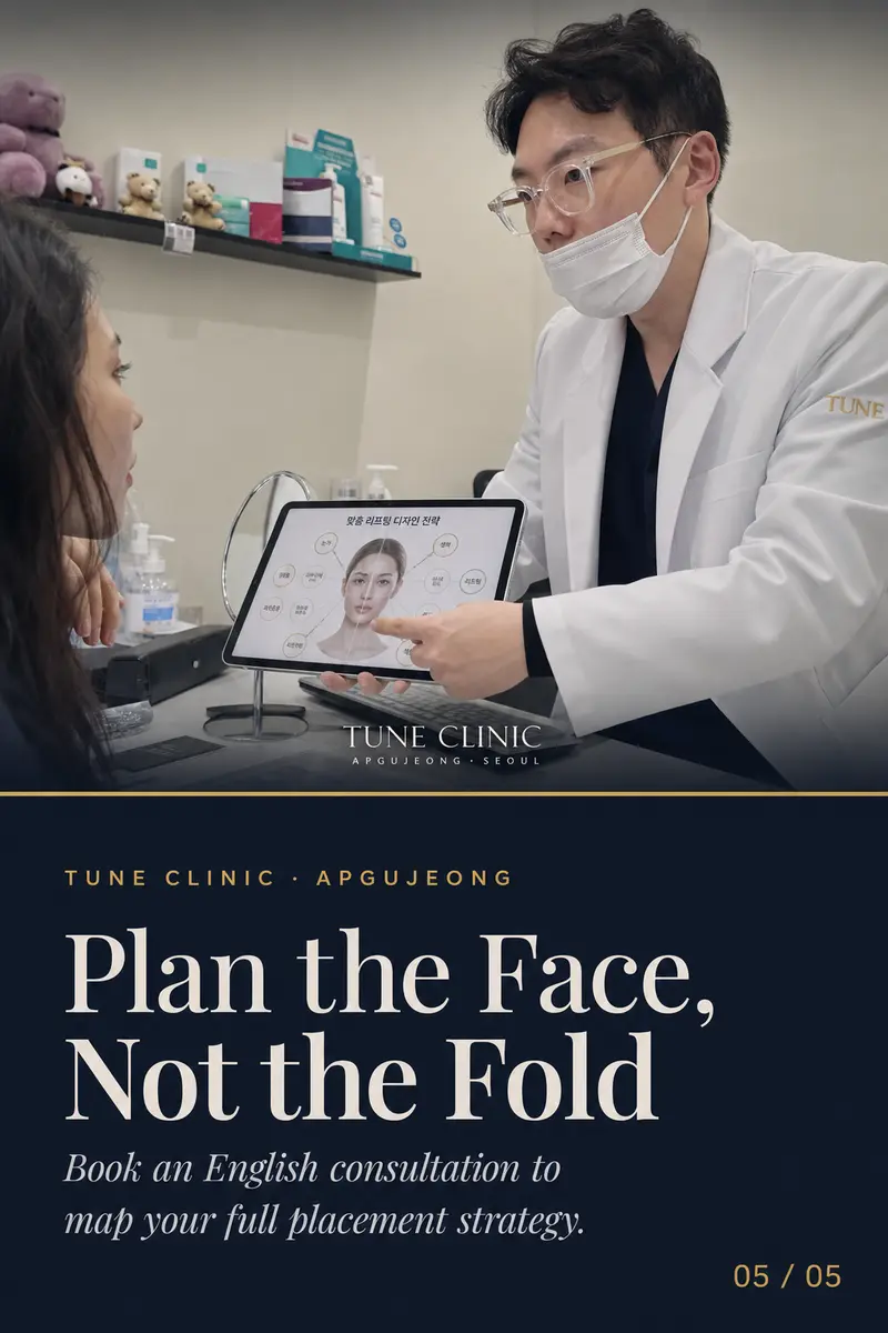 Plan the Face, Not the Fold — Book an English consultation to map your full placement strategy.