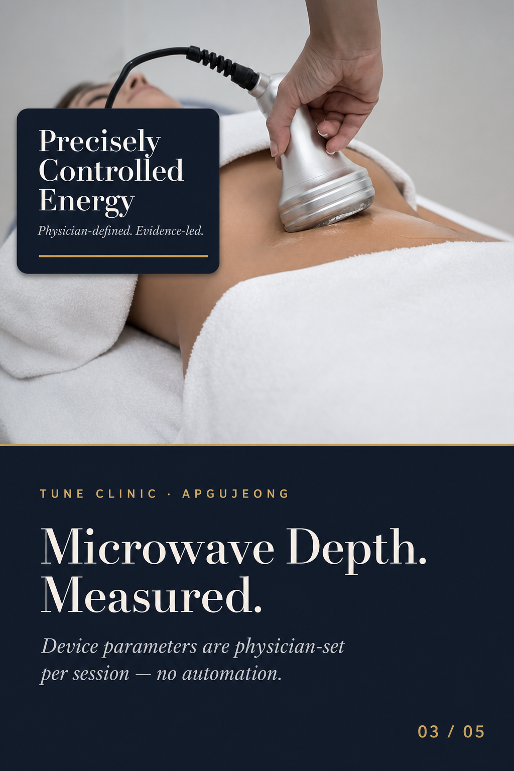 Microwave Depth. Measured. — Device parameters are physician-set per session — no automation.