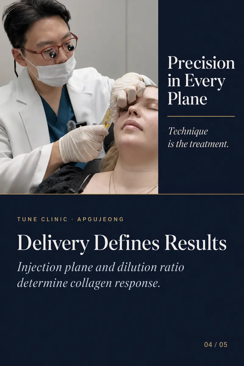 Delivery Defines Results — Injection plane and dilution ratio determine collagen response.