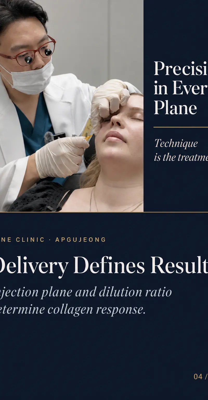 Delivery Defines Results — Injection plane and dilution ratio determine collagen response.