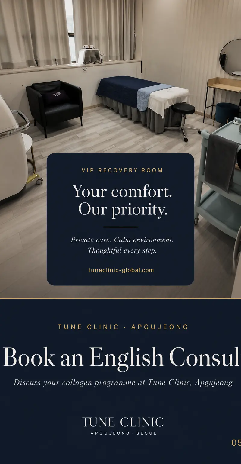 Book an English Consult — Discuss your collagen programme at Tune Clinic, Apgujeong.