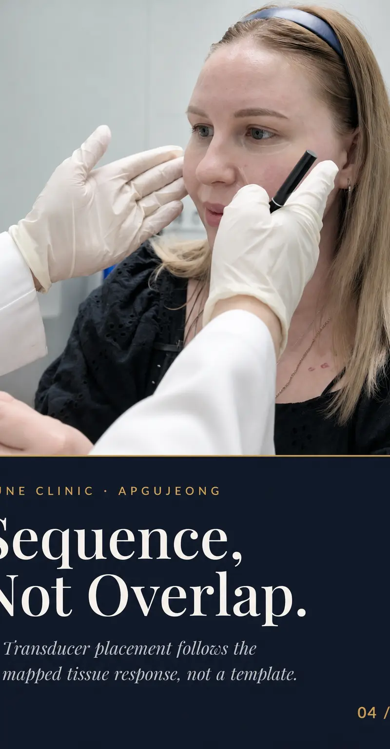 Sequence, Not Overlap. — Transducer placement follows the mapped tissue response, not a template.