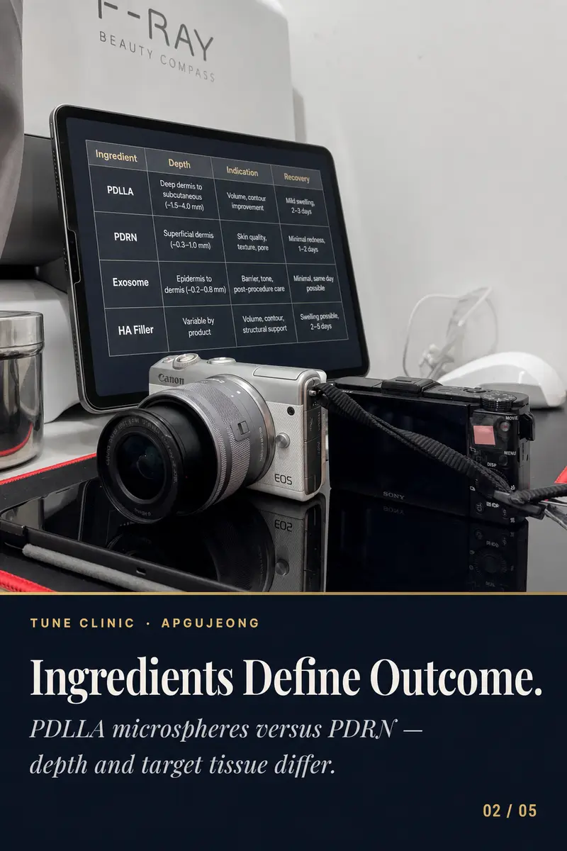 Ingredients Define Outcome. — PDLLA microspheres versus PDRN — depth and target tissue differ.